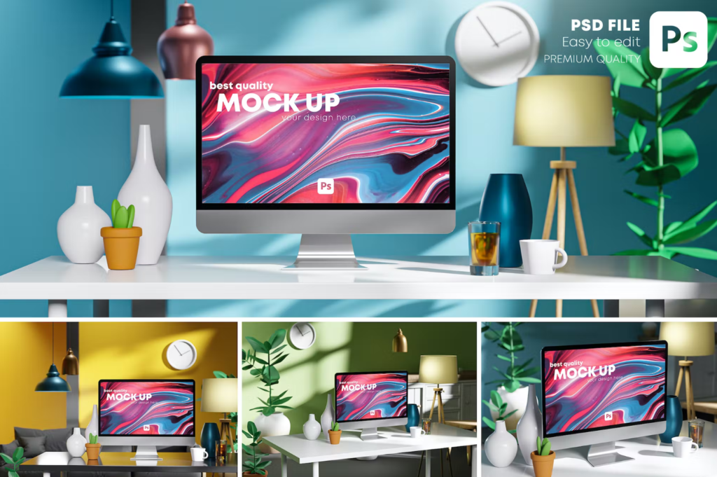 Home Office Workspace Computer Desktop PC Mockup