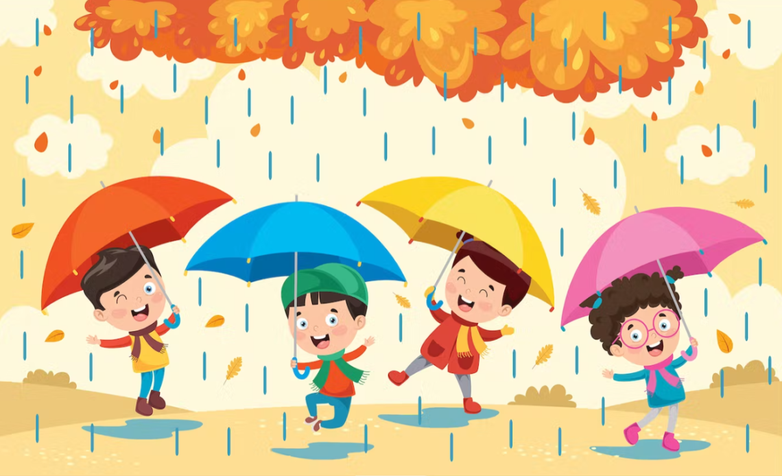 Children With Umbrella Under Rain