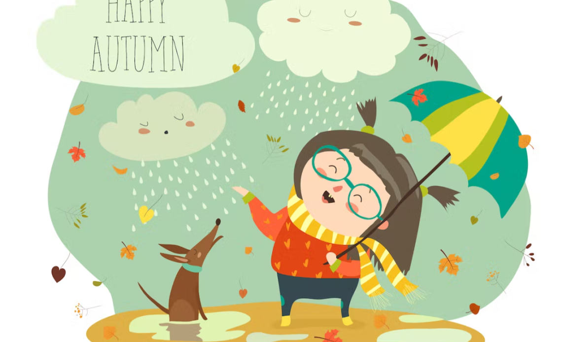 Cute girl playing in rain with umbrella. Vector