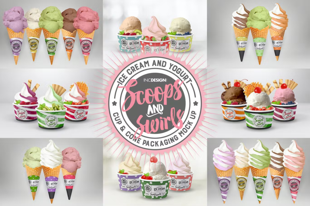 Ice Cream or Yogurt Cup and Cone Packaging Mock Up